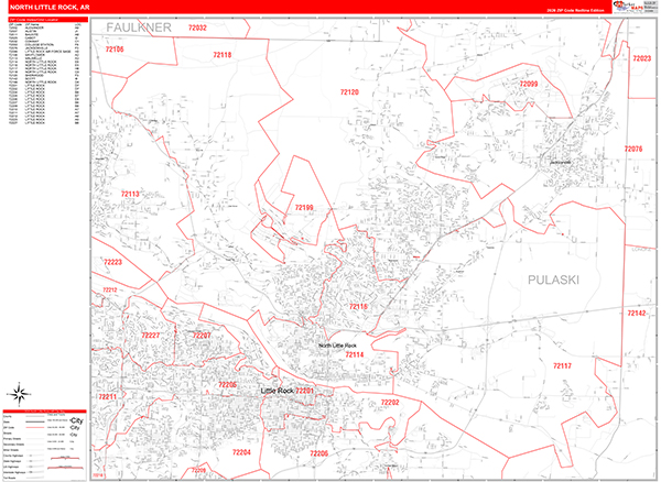 North Little Rock City Wall Map Red Line Style